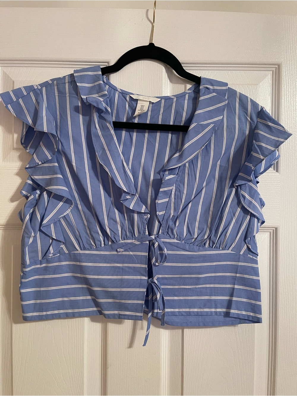 H&M Blue & White Striped Ruffle Tie-Front Crop Top